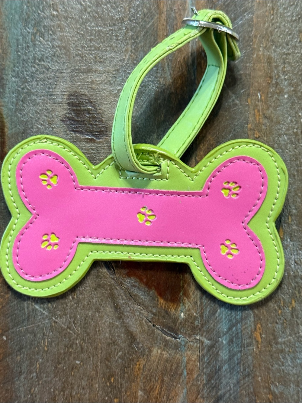 fluff Los Angeles Whimsical Pink & Green Paw Print Dog Bone Luggage Tag NWOT